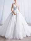 Ball Gown V-neck Tulle Chapel Train Wedding Dresses With Appliques Lace #Milly00023324
