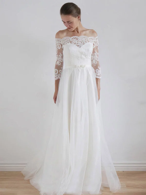 A-line Off-the-shoulder Tulle Floor-length Wedding Dresses With Lace #Milly00023325