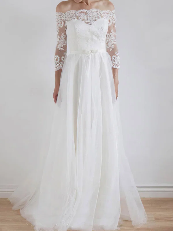 A-line Off-the-shoulder Tulle Floor-length Wedding Dresses With Lace #Milly00023325