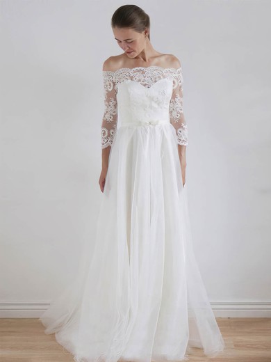 A-line Off-the-shoulder Tulle Floor-length Lace Wedding Dresses #Milly00023325