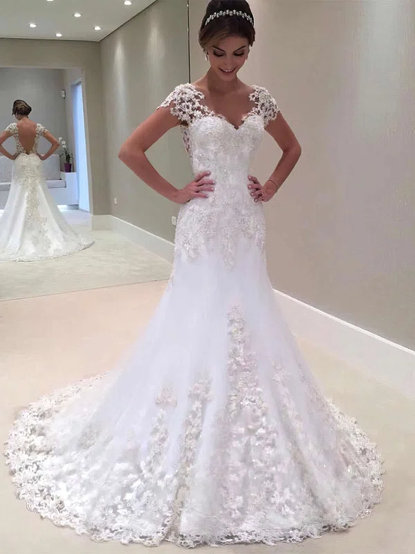 Trumpet/Mermaid V-neck Tulle Sweep Train Wedding Dresses With Beading #Milly00023328