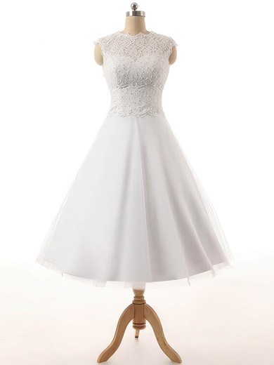 Princess Scoop Neck Tulle Tea-length Lace Wedding Dresses #Milly00023329