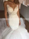 Trumpet/Mermaid V-neck Tulle Chapel Train Appliques Lace Wedding Dresses #Milly00023331