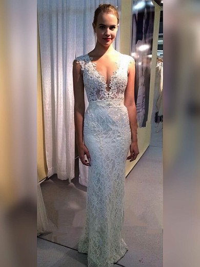 Sheath/Column V-neck Lace Floor-length Wedding Dresses #Milly00023334