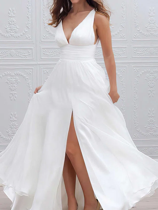 A-line V-neck Chiffon Floor-length Wedding Dresses With Split Front #Milly00023336