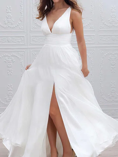 A-line V-neck Chiffon Floor-length Wedding Dresses With Split Front #Milly00023336