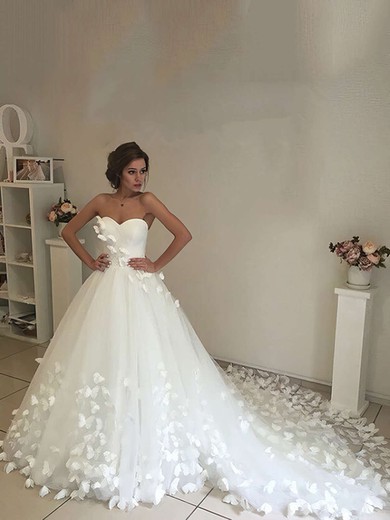 Ball Gown Sweetheart Tulle Chapel Train Flower(s) Wedding Dresses #Milly00023339