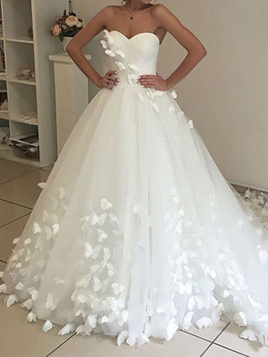 Ball Gown Sweetheart Tulle Chapel Train Wedding Dresses With Flower(s) #Milly00023339