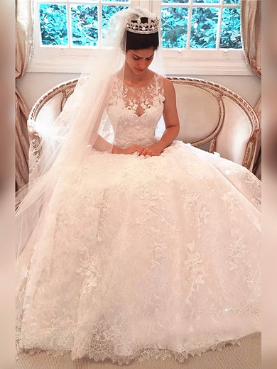 Ball Gown Illusion Lace Court Train Wedding Dresses With Flower(s) #Milly00023341