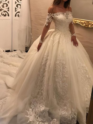 Ball Gown/Princess Off-the-shoulder Organza Chapel Train Wedding Dresses With Appliques Lace #Milly00023343