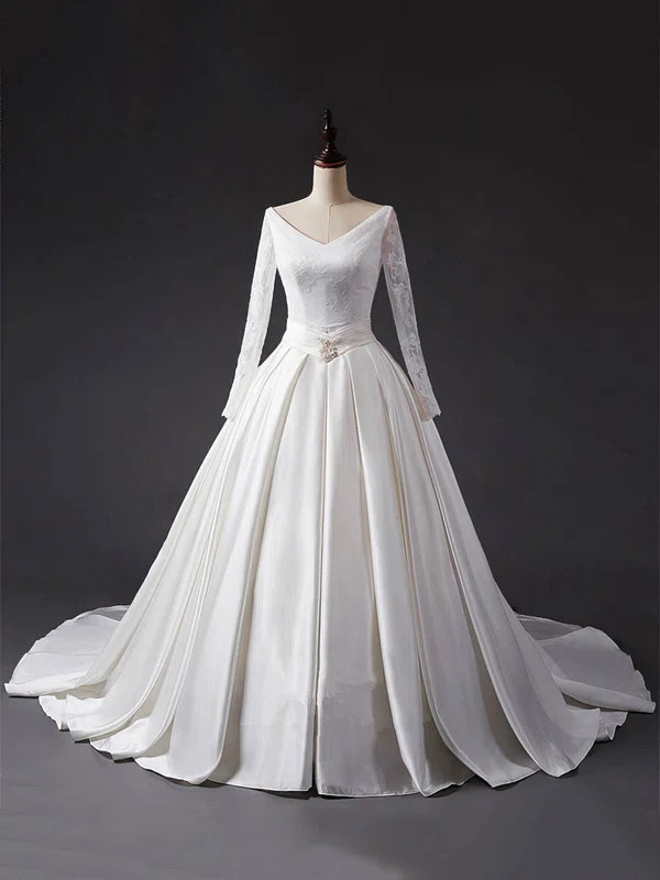 Ball Gown V-neck Lace Satin Chapel Train Sashes / Ribbons Wedding Dresses #Milly00023344