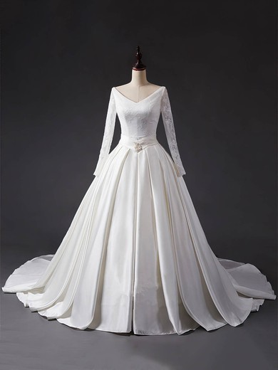 Ball Gown V-neck Lace Satin Chapel Train Wedding Dresses With Sashes / Ribbons #Milly00023344