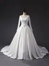 Ball Gown V-neck Lace Satin Chapel Train Wedding Dresses With Sashes / Ribbons #Milly00023344