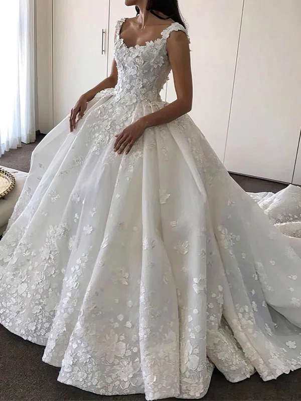 Ball Gown/Princess V-neck Satin Cathedral Train Wedding Dresses With Flower(s) #Milly00023345