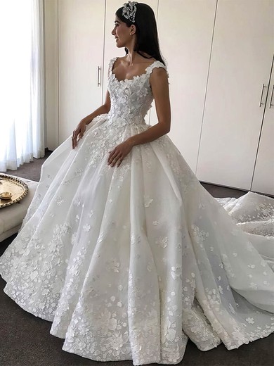 Ball Gown V-neck Satin Cathedral Train Wedding Dresses With Flower(s) #Milly00023345