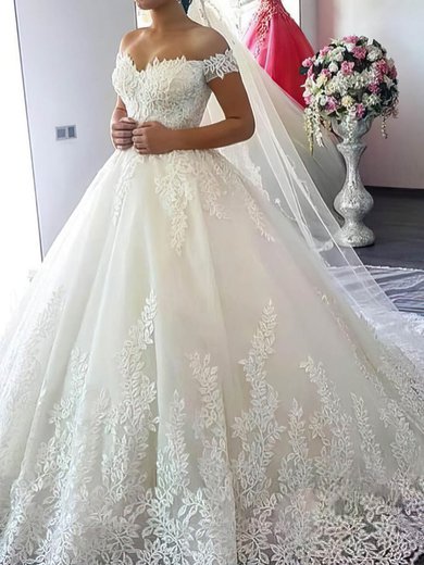 Ball Gown/Princess Off-the-shoulder Tulle Chapel Train Wedding Dresses With Appliques Lace #Milly00023346