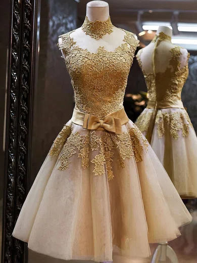 High Neck Tulle Appliques Lace Inexpensive Knee-length Bridesmaid Dresses #Milly010020101414