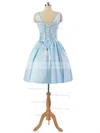 V-neck Light Sky Blue Satin Lace-up Pleats Short/Mini Bridesmaid Dresses #Milly010020101795