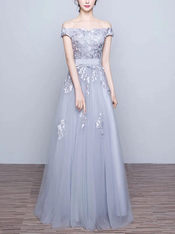 New A-line Gray Tulle Appliques Lace Off-the-shoulder Bridesmaid Dresses #Milly010020102047