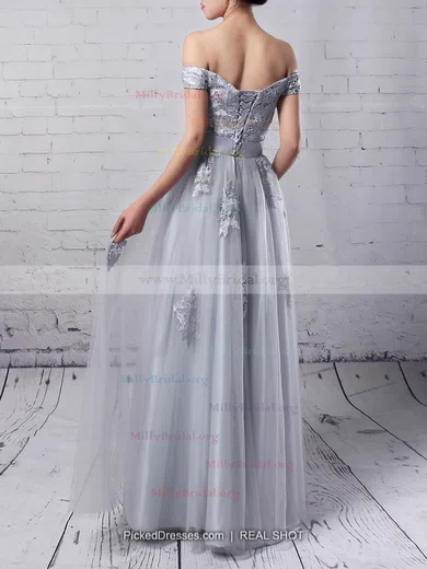 New A line Gray Tulle Appliques Lace Off the shoulder Bridesmaid Dresses millybridal