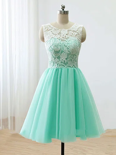 Scoop Neck Tulle with Lace Covered Buttons Short/Mini Bridesmaid Dresses #Milly010020102213
