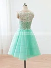 Scoop Neck Tulle with Lace Covered Buttons Short/Mini Bridesmaid Dresses #Milly010020102213