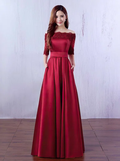 A-line Off-the-shoulder Satin Floor-length Appliques Lace Burgundy Bridesmaid Dresses #Milly010020102406
