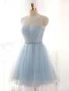 Pretty A-line Scoop Neck Tulle Short/Mini Beading Light Sky Blue Bridesmaid Dresses #Milly010020102518