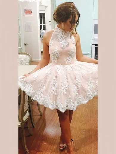 A-line High Neck Best Lace Short/Mini Flower(s) Open Back Bridesmaid Dresses #Milly010020102525