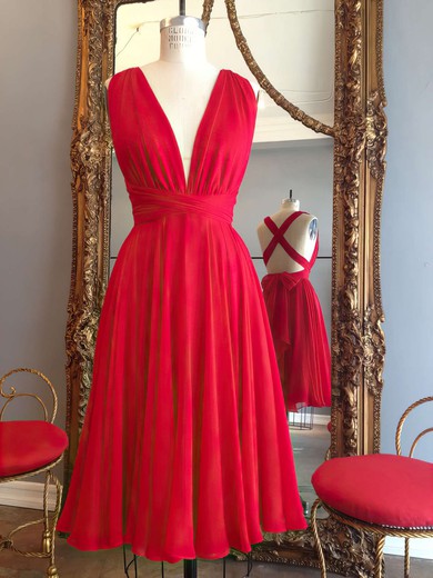 Hot A-line V-neck Chiffon Knee-length Ruffles Red Backless Bridesmaid Dresses #Milly010020102648
