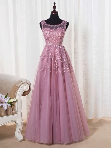 A-line Scoop Neck Tulle Floor-length Appliques Lace Graceful Bridesmaid Dresses #Milly010020102804
