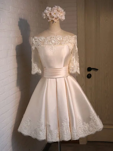 Ball Gown Off-the-shoulder Satin Short/Mini Appliques Lace 1/2 Sleeve New Bridesmaid Dresses #Milly010020103039