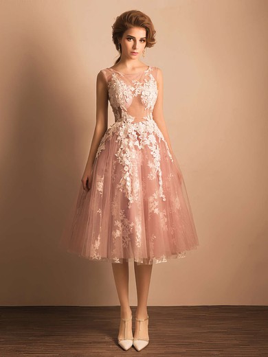 Ball Gown Scoop Neck Tulle Tea-length Appliques Lace Boutique Bridesmaid Dresses #Milly010020103045