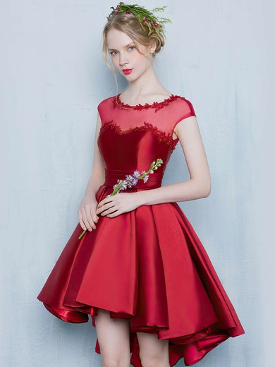 Prettiest Princess Scoop Neck Satin Tulle Asymmetrical Appliques Lace Cap Straps High Low Bridesmaid Dresses #Milly010020103133