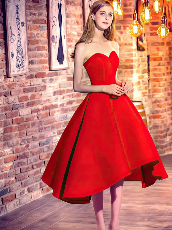 Classic Princess Sweetheart Satin Asymmetrical Ruffles Red High Low Bridesmaid Dresses #Milly010020103199