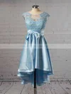 A-line Scoop Neck Satin Tulle Asymmetrical Appliques Lace Cap Straps High Low Original Bridesmaid Dresses #Milly010020103433