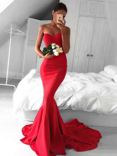 Top Trumpet/Mermaid Sweetheart Silk-like Satin Sweep Train Ruffles Red Backless Bridesmaid Dresses #Milly010020103568