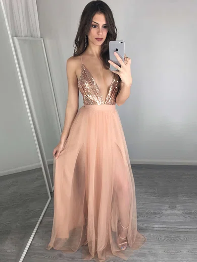A-line V-neck Tulle Floor-length Split Front Backless Hot Bridesmaid Dresses #Milly010020103637