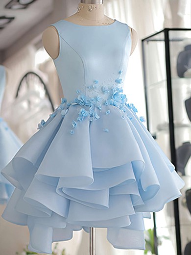 A-line Scoop Neck Satin Tulle Short/Mini Flower(s) Original Bridesmaid Dresses #Milly010020103777