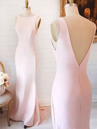 Sheath/Column Scoop Neck Silk-like Satin Sweep Train with Ruffles Bridesmaid Dresses #Milly010020104408