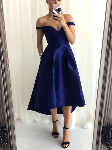 A-line Off-the-shoulder Satin Asymmetrical Pockets Bridesmaid Dresses #Milly010020105378
