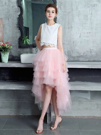 A-line Scoop Neck Lace Tulle Asymmetrical Tiered Bridesmaid Dresses #Milly010020105394
