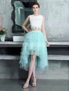 A-line Scoop Neck Lace Tulle Asymmetrical Tiered Bridesmaid Dresses #Milly010020105394