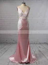 Trumpet/Mermaid V-neck Silk-like Satin Sweep Train Appliques Lace Bridesmaid Dresses #Milly010020105512