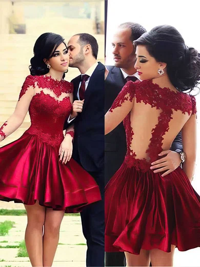 Gorgeous Elastic Woven Satin Tulle Appliques Lace Burgundy Short Mini Long Sleeve Bridesmaid Dresses millybridal