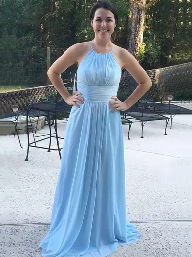 A-line Halter Chiffon Sweep Train Lace Bridesmaid Dresses #Milly01013730