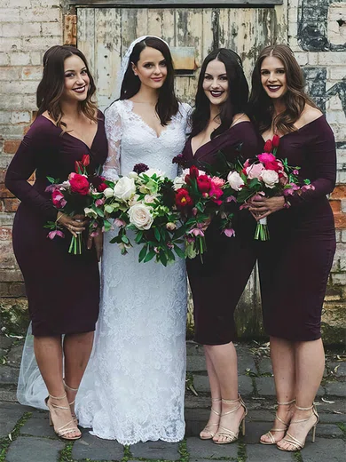 Sheath/Column V-neck Silk-like Satin Knee-length Bridesmaid Dresses #Milly01013750