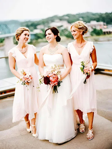 A-line V-neck Chiffon Tea-length Ruffles Bridesmaid Dresses #Milly01013754