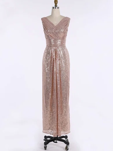 Sheath/Column V-neck Sequined Floor-length Ruffles Bridesmaid Dresses #Milly01013739