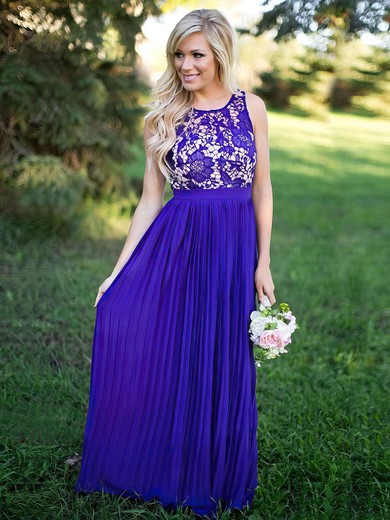 A-line Scoop Neck Lace Chiffon Floor-length Pleats Bridesmaid Dresses #Milly01013759